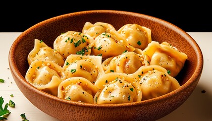 Delicious dumplings served in a wooden bowl garnished with herbs and spices.