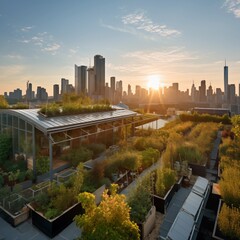 A rooftop garden filled with lush greenery, vegetables, and solar panels, with a bustling city skyline in the background, Generative Ai