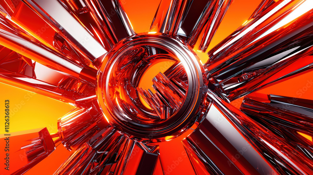 Poster vibrant digital abstract background featuring sharp metallic shapes and glowing orange hue. dynamic 
