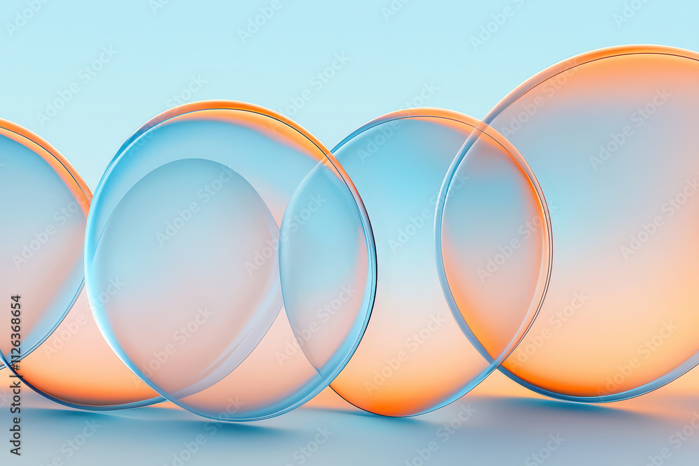 Poster translucent circles in soft blue and orange hues create calming abstract background. smooth curves a
