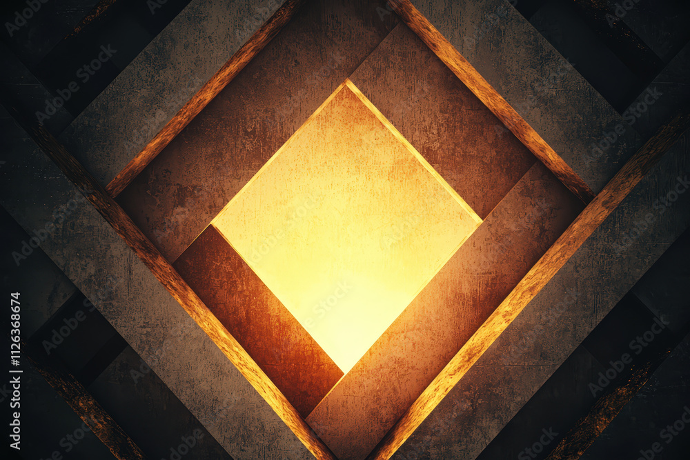 Poster illuminated geometric shapes create striking abstract background with warm tones and textured layers