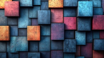 Colorful abstract wall featuring three-dimensional cubes in blue, orange, and purple shades