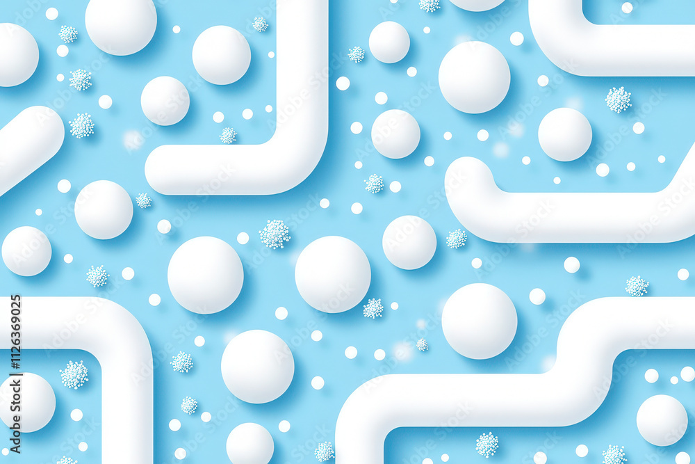 Poster bright blue background with white snowballs and snowflakes, creating playful winter theme. design fe