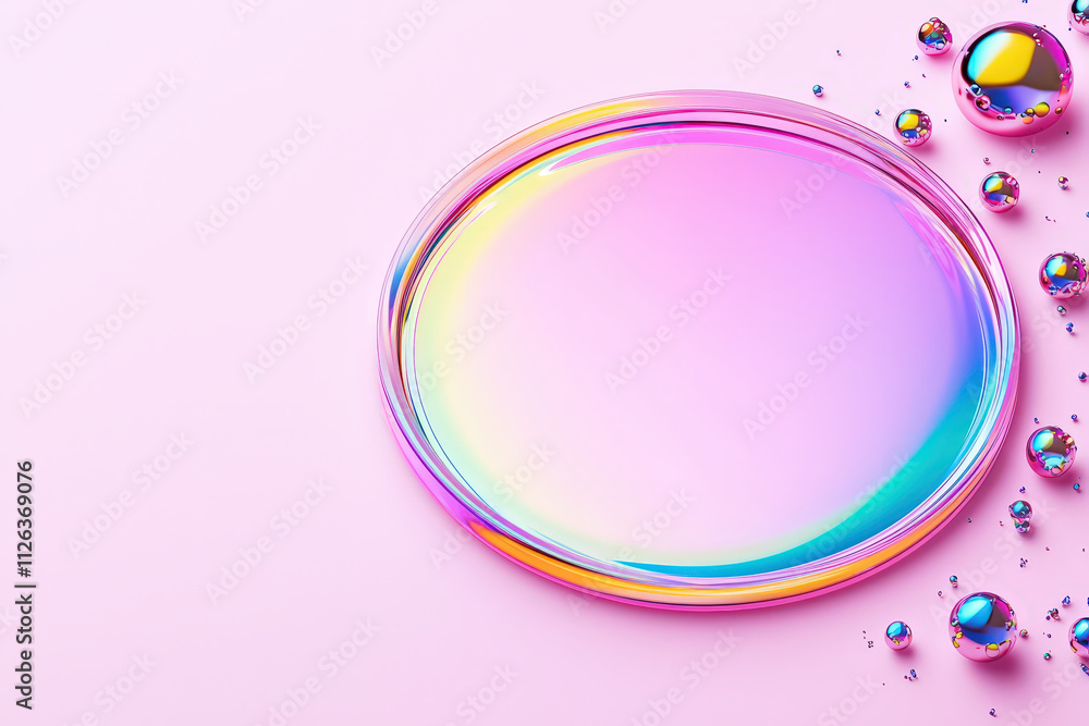 Poster vibrant abstract background featuring colorful bubble on pink surface, surrounded by smaller bubbles