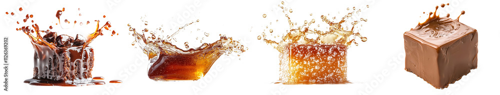 Poster a transparent background featuring a caramel splash and a cube.