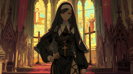 sexy kawaii and cute Faithful young Catholic nun prays with cross badass anime cartoon style 
