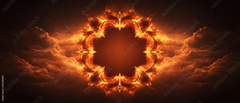 Poster vibrant digital abstract background featuring fiery orange flames surrounded by dark clouds, creatin
