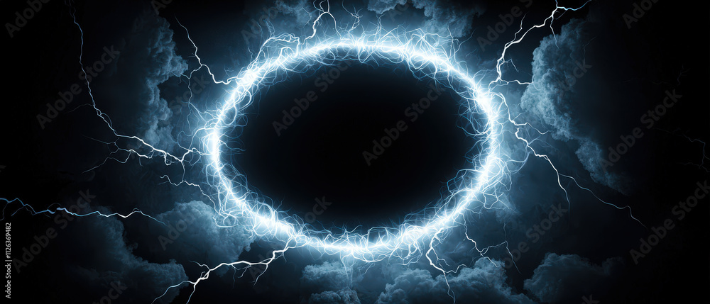 Poster digital abstract background featuring glowing electric circle surrounded by dark clouds, creating dr