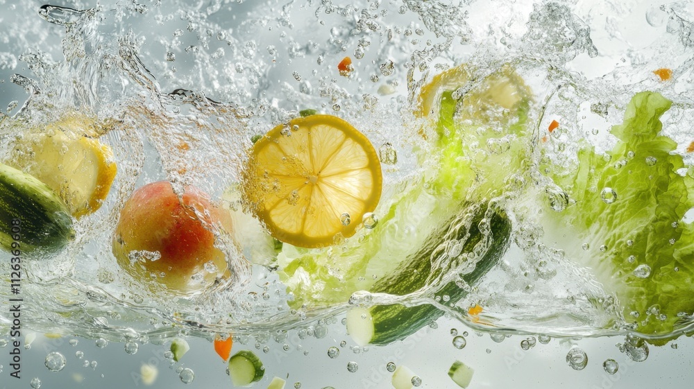 Poster refreshing scene of lemon, cucumber, banana, and lettuce slices submerged in splashing sparkling cle