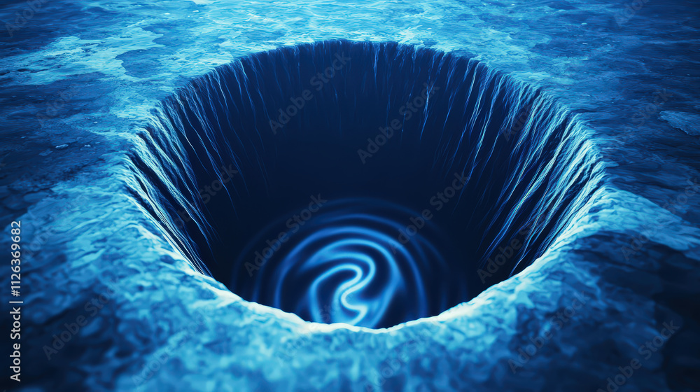 Poster mesmerizing digital abstract image of deep blue vortex in water, creating captivating spiral effect.