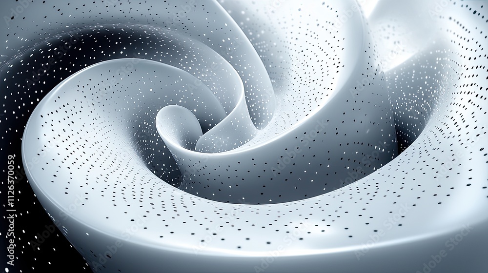 Poster abstract spiral design with dots and smooth textures reflecting light in a dynamic swirling pattern