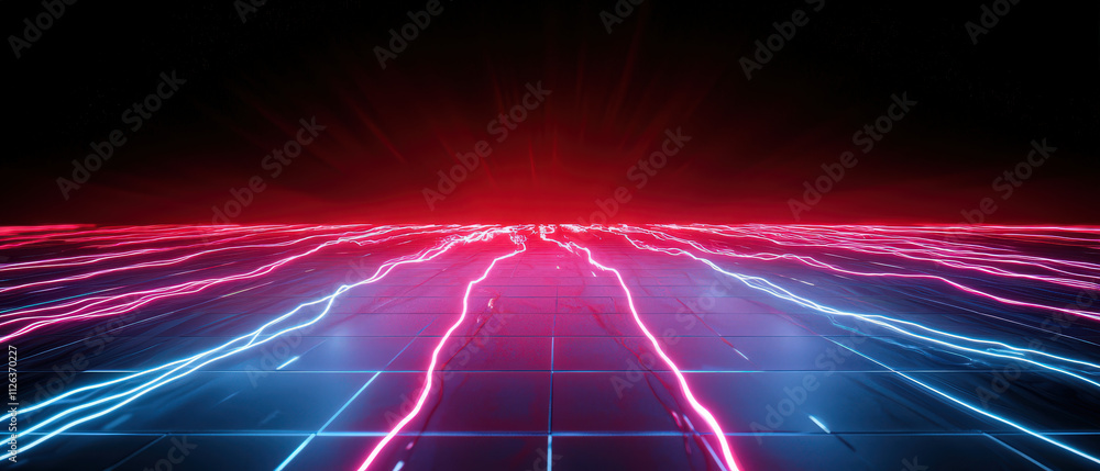 Poster vibrant digital abstract background featuring neon blue and red lines creating dynamic, futuristic l