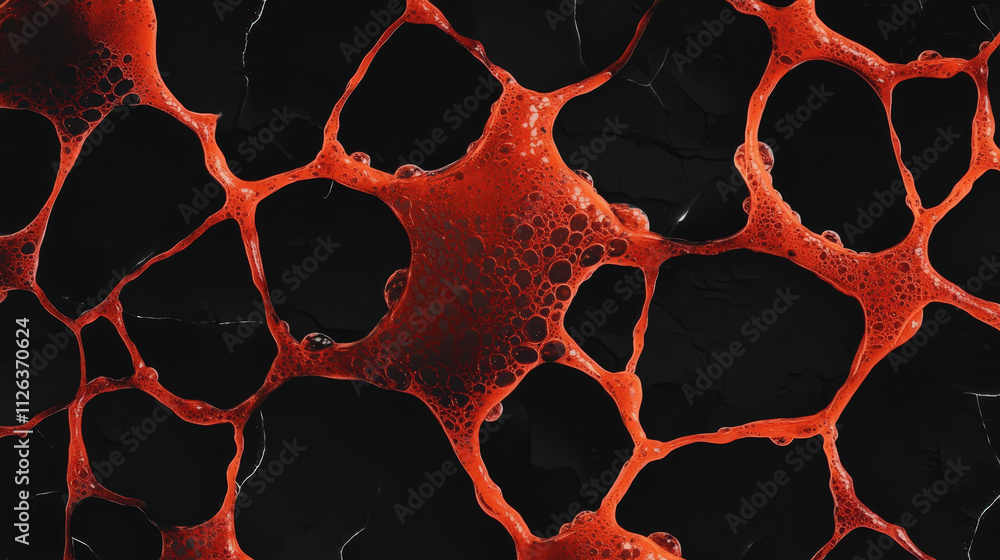 Poster abstract red and black texture featuring bubbles and organic shapes, creating striking visual effect