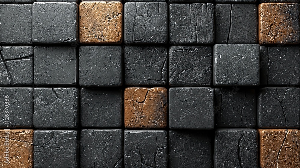 Poster various colored square tiles arranged in a grid pattern with a mix of dark and light textures creati