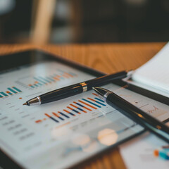 Fototapeta premium Close up of two pens on tablet displaying financial charts and graphs