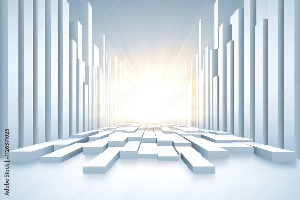 Poster digital abstract background featuring white geometric structures leading to bright light. scene conv