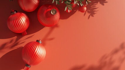 Fototapeta premium Traditional red lanterns and decorative elements on background with copy space