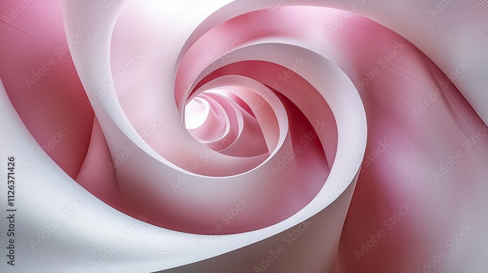 Poster swirling patterns of soft pink and white fabric create an abstract tunnel effect resembling a flower