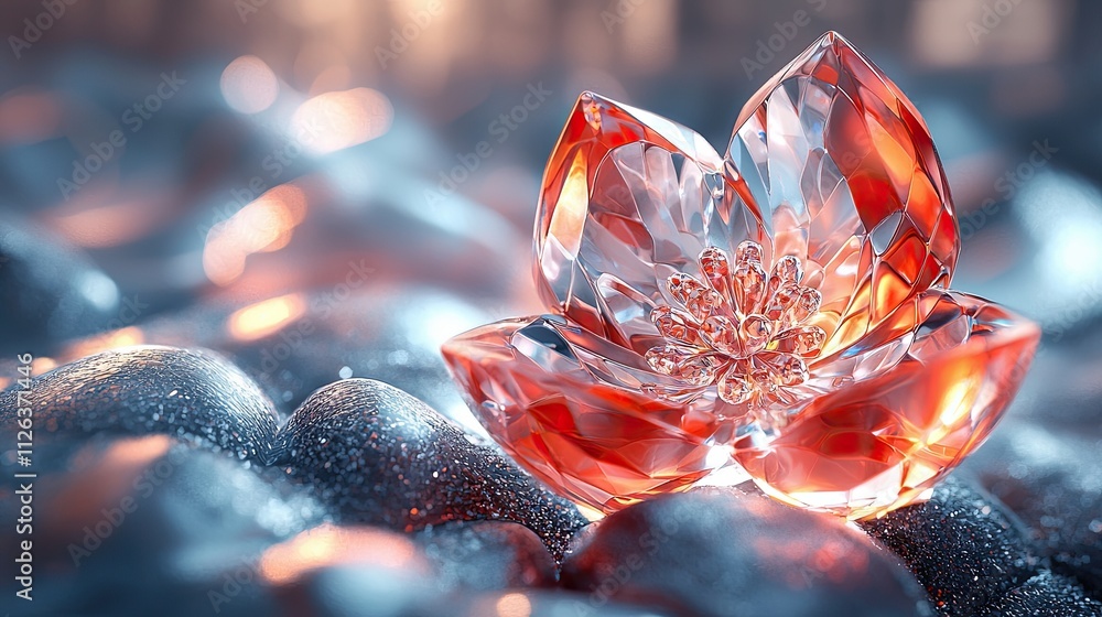 Aufkleber intricate crystal lotus flower on shiny pebbles illuminated by soft light in a serene setting