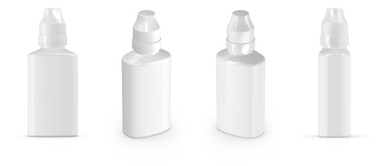 A realistic 3D mockup of small plastic dropper bottles with blank white labels and secure twist caps. 20 ml.