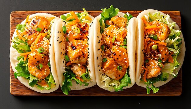 Delicious shrimp baos filled with fresh vegetables and topped with sesame seeds.