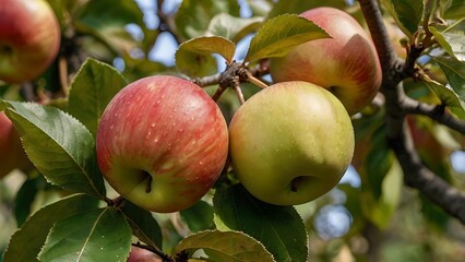Ripe Red and Green Apples Hanging on a Tree Branch