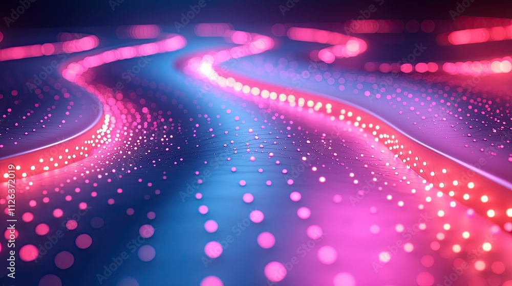 Poster digital light patterns create a vibrant stream across a reflective surface at night