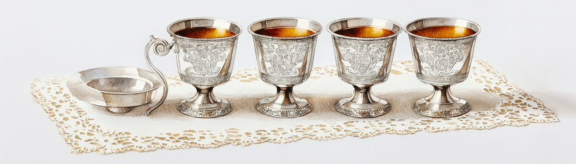 Elegant silver tea cups arranged on lace doily, filled with warm tea, showcasing intricate designs and vintage aesthetic. Perfect for tea lovers and collectors