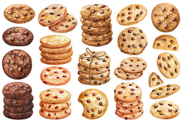 Chocolate chip cookies, hand drawn sweet dessert art baking design, kitchen decor food detailed watercolor illustration