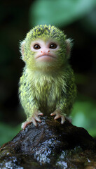 Adorable baby marmoset monkey sitting on a rock, looking directly at the camera.