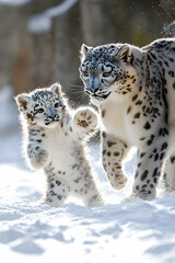 Fototapeta premium Adorable snow leopard cub playfully interacting with its mother in a snowy winter habitat.