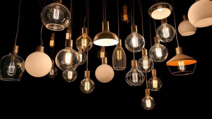 Cluster of modern hanging lamps in various shapes and sizes suspended on wires, wire