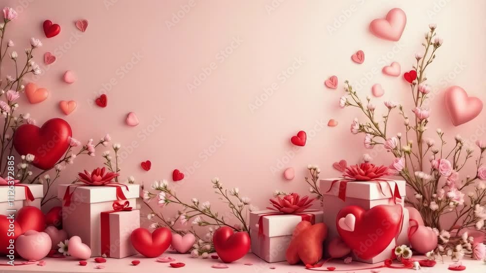 Poster a heart-filled scene with white boxes and red hearts scattered around. the boxes are of different si