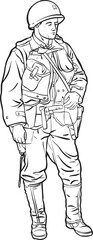 WW II  Soldier Illustration in Military Uniform line
