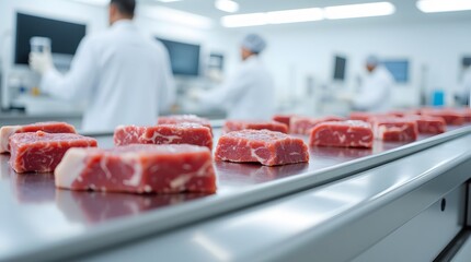 Precisely cut beef steaks move along a sterile conveyor belt in a modern meat processing plant, showcasing meticulous food preparation.