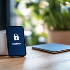 Spam call block privacy Mobile phone displaying a lock screen with "Number" on a wooden table, surrounded by greenery.