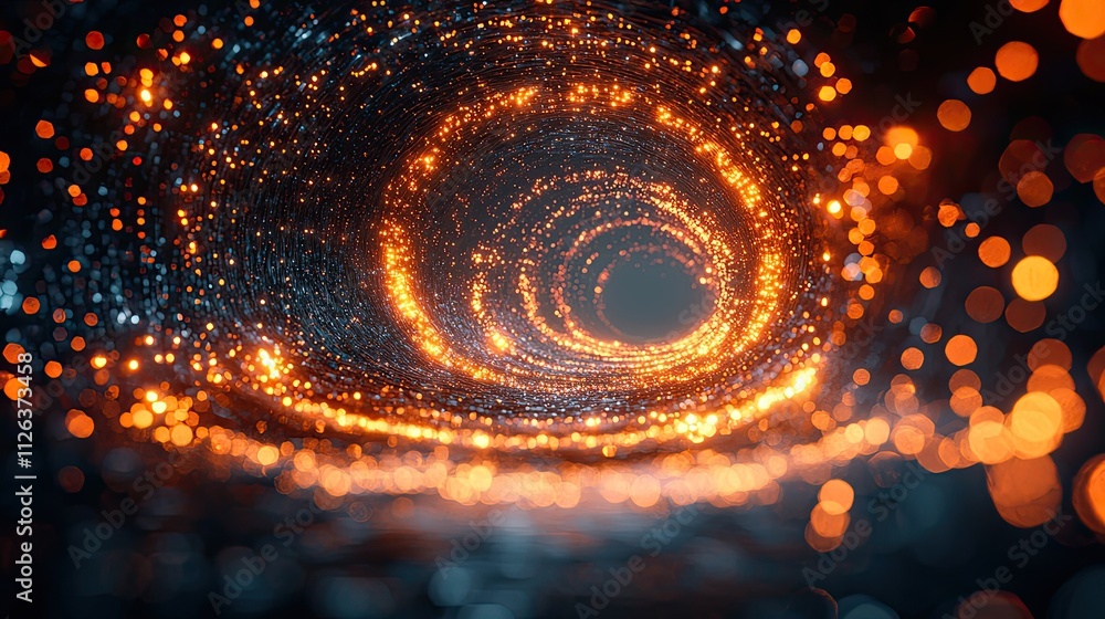 Poster vivid abstract representation of a swirling vortex with glowing particles and dark background