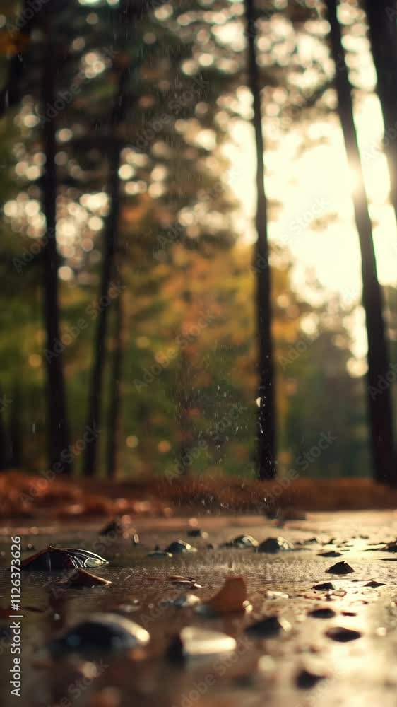 Poster sunlight filters through trees as raindrops fall on autumn leaves in a serene forest setting