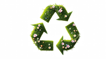 Artistic recycling icon White background Symbol made of lush Vibrant green vines Moss Small blooming wildflowers Pastel colors Mushrooms Dewdrops Creating natural organic look Transparent PNG
