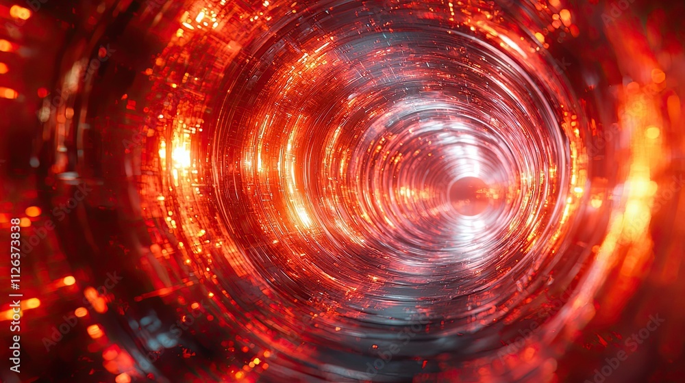 Poster vivid abstract representation of a glowing tunnel with red and orange reflections creating a dynamic