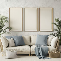 Cozy Modern Living Room with Three Empty Frames for Wall Art Display