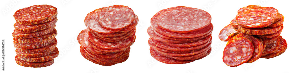 Poster a clear background featuring a stack of salami slices.