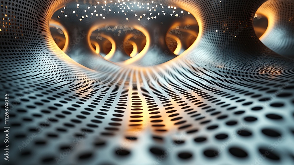 Poster modern abstract design showcasing illuminated perforated surfaces creating a futuristic tunnel effec
