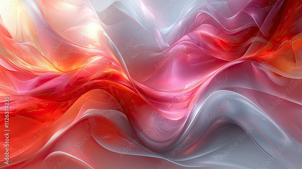 Poster colorful abstract design with flowing waves of red and silver hues in a seamless pattern