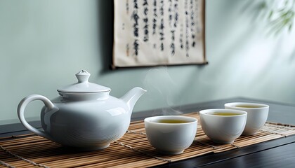 Fototapeta premium Elegant white teapot with steaming cups on bamboo mat, serene Japanese tea ceremony