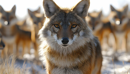 Fototapeta premium Coyotes pack leader stares intently at camera, other coyotes blurred in background.