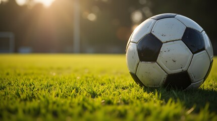 Fototapeta premium Sun-kissed Soccer Ball on Lush Green Field; A Moment of Tranquility Before the Game Begins.