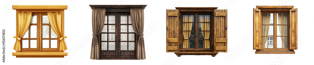 Poster wooden window with curtains, displayed on a transparent backdrop.