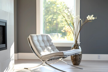 Neutral gray wall and contemporary living room