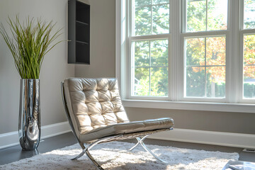Neutral gray wall and contemporary living room
